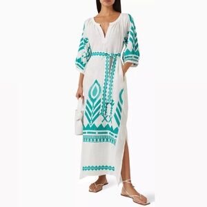 Greek Archaic Kori Feather Belted Maxi Dress - White/Emerald